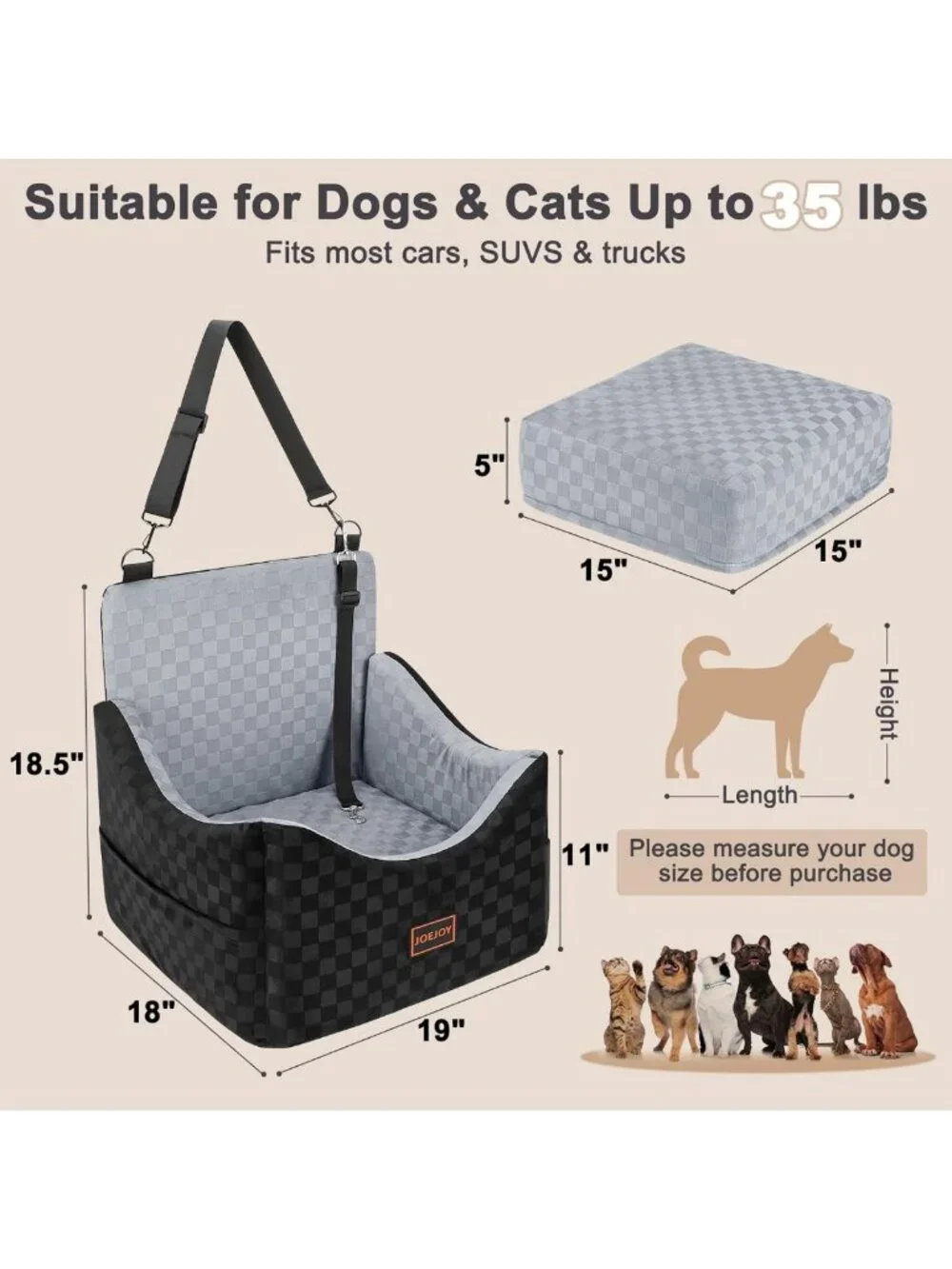 Elevated Dog Car Seat for Small/Medium Dogs, Memory Foam Booster, Washable